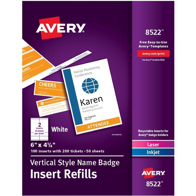 Avery Laser/Inkjet Vertical Style Refills, 6" x 4?", White Cardstock (Insert, x2 Tickets), 100/box