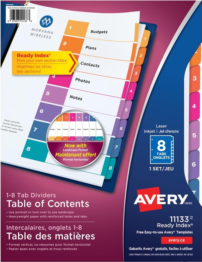 11133 READY INDEX TABLE OF CONTENTS DIVIDERS 8 TAB 1 SET