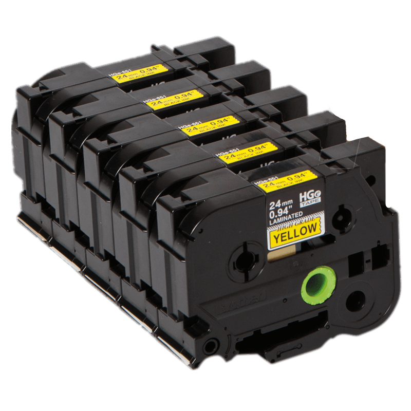 Brother HGE6515 Pack Black on Yellow HGe 24 mm Tape with Standard Adhesive, 8 m 5-pack