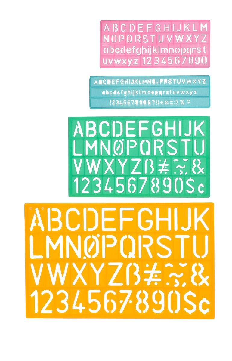 4 Piece Lettering Guide, Uppercase, Letters and Numbers Ensembles de 4 pochoirs, majuscules, lettres, et nombres