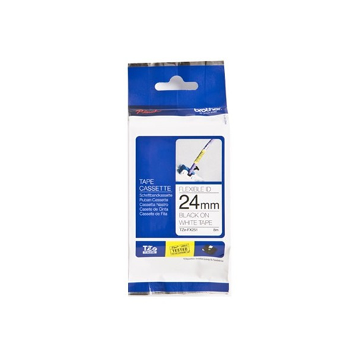 Brother Genuine Tze-FX251 Black on White Flexible ID Laminated Tape for P-touch Label Makers, 24 mm wide x 8 m long