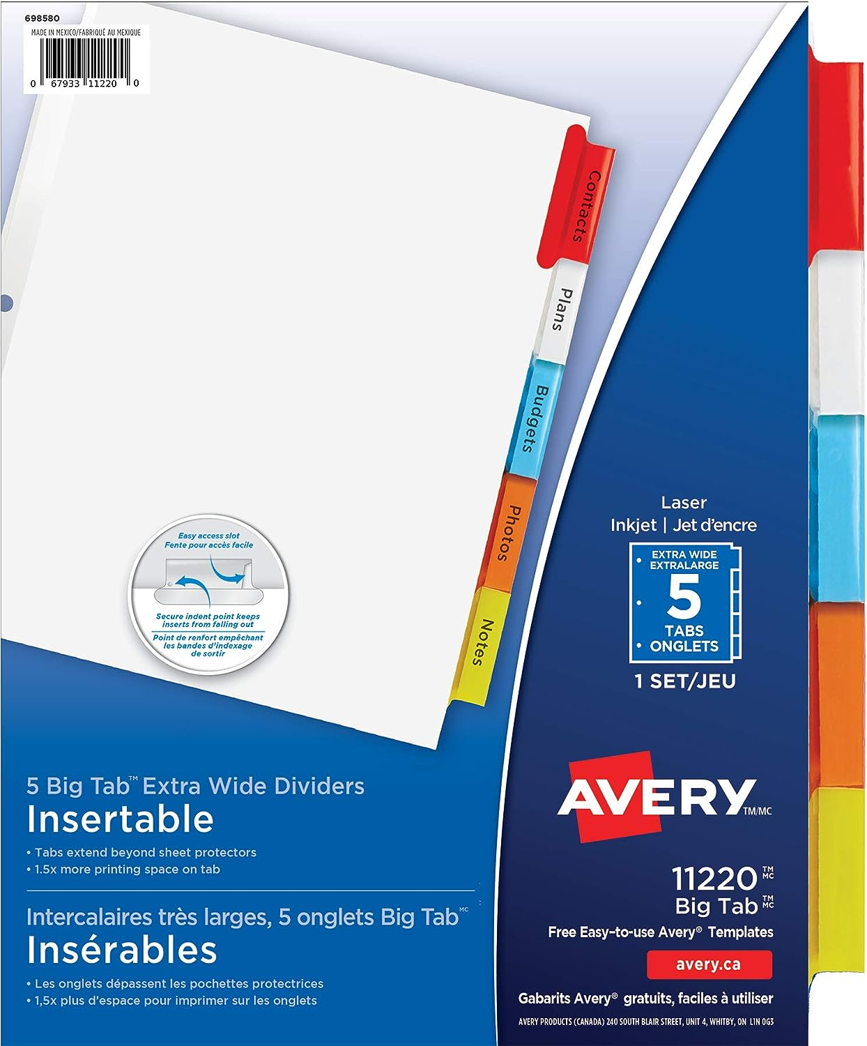 BIG TAB INSERTABLE DIVIDERS, 5 TAB, 1 SET, EXTRA WIDE
