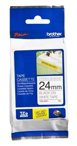 Brother Genuine TZe-S251 Black on White Extra Strength Adhesive Tape for P-touch Label Makers, 24 mm wide x 8 m long