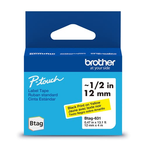 Brother Genuine BTAG631 Non-Laminated Tape for P-touch Label Makers, Black on Yellow ? 12 mm wide x 4 m long