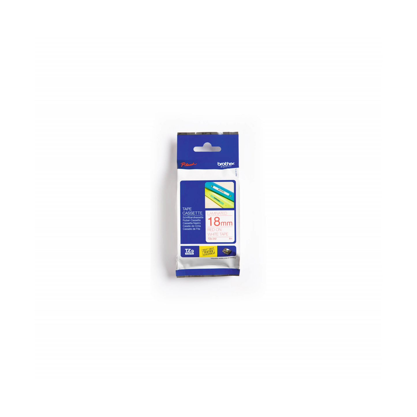 Brother Genuine TZe242 Red on White Laminated Tape for P-touch Label Makers, 18 mm wide x 8 m long