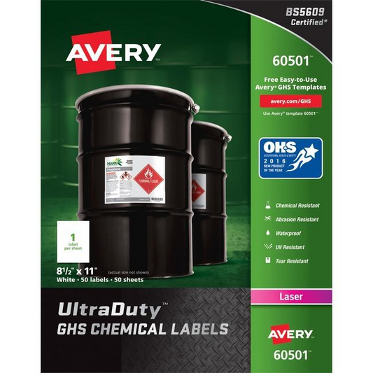 Avery Laser Ultraduty Industrial Labels 8?" x 11", Permanent, White, 50 sheets/box, 50 labels/box