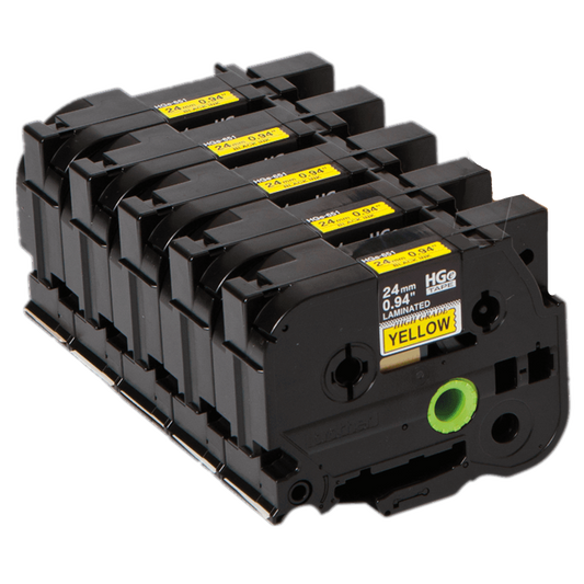 Brother HGE6515 Pack Black on Yellow HGe 24 mm Tape with Standard Adhesive, 8 m   5-pack