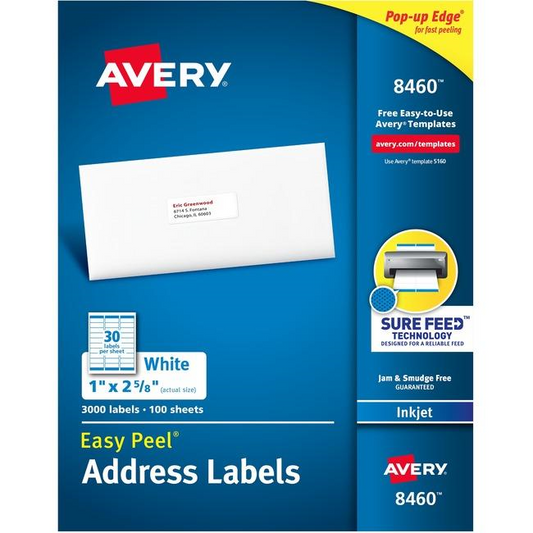 8460 WHITE, EASY PEEL, 2 5/8" X 1", PERMANENT,  100 SHEETS/B