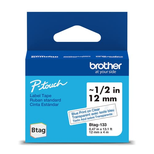 Brother Genuine BTAG133 Non-Laminated Tape for P-touch Label Makers, Blue on Clear ? 12 mm wide x 4 m long