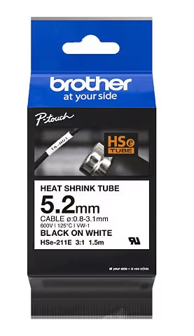 Brother HSE211E Black on White Heat Shrink Tube Label 5.2 mm x 1.5 m