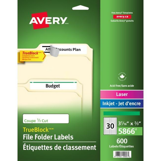 5866 FILING LABELS, TRUEBLOCK, 37/16" X 2/3", PERMANENT, GR