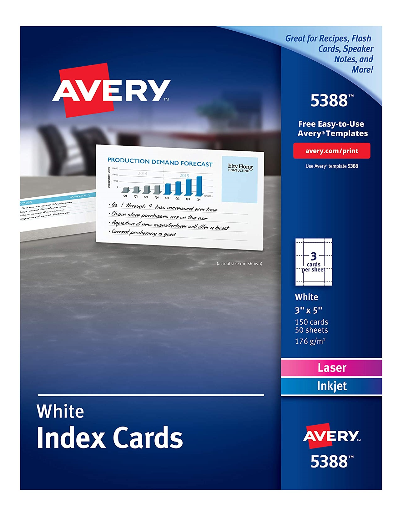 5388 OFFICE INDEX CARDS, WHITE, 3" X 5", 50 SHEETS/BOX, 150