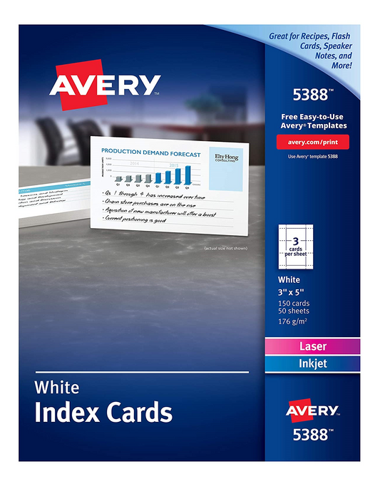 5388 OFFICE INDEX CARDS, WHITE, 3" X 5", 50 SHEETS/BOX, 150
