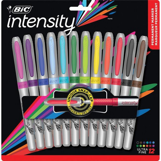 BIC Intensity Permanent Marker / Marqueur permanent - Ultra Fine Point 0.8 mm, Blister / Emballage - Assorted, 12 units