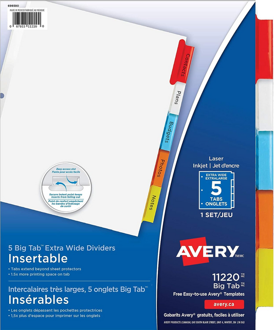 BIG TAB INSERTABLE DIVIDERS, 5 TAB, 1 SET, EXTRA WIDE