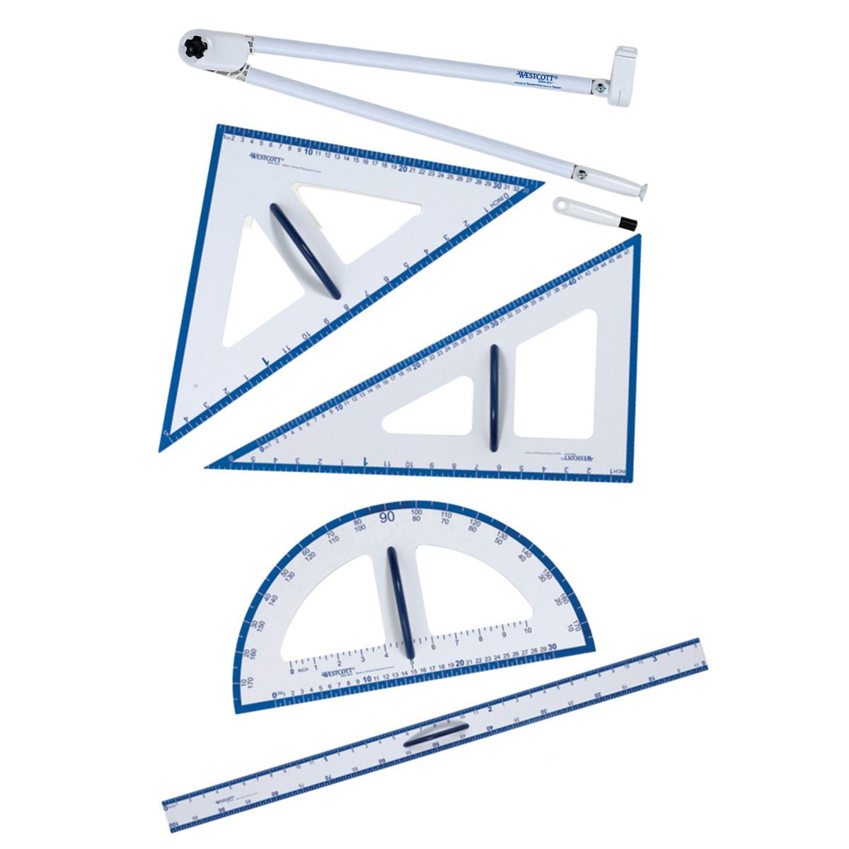 5pc Magnetic Teacher?s Set: Compass, Triangle (30-60-90), Triangle (45-45-90), Protractor, 60cm Ruler / Trousse de 5 pi?ces pour professeur, magn?tique: compas, triangle (30-60-90), triangle (45-45-90), rapporteur d?angle, r?gle de 60 cm