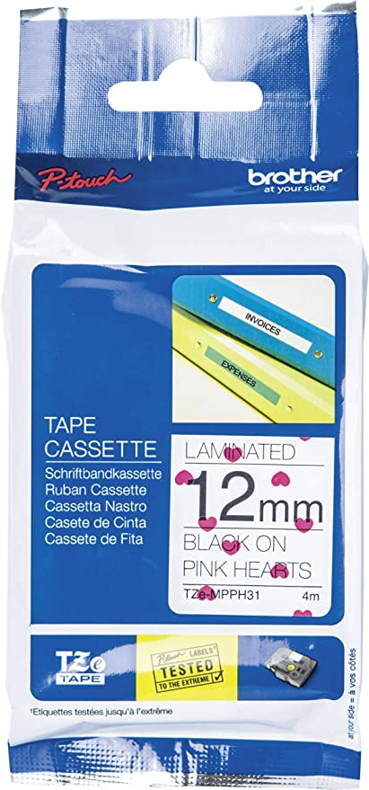 Brother Genuine TZeMPPH31 Black Print on Pink Hearts Tape for P-touch Label Makers, 12 mm wide x 4 m long