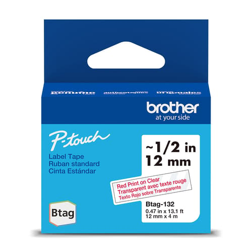 Brother Genuine BTAG132 Non-Laminated Tape for P-touch Label Makers, Red on Clear ? 12 mm wide x 4 m long