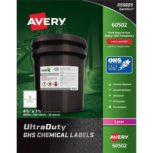 Avery Laser Ultraduty Industrial Labels 4?" x 7?", Permanent, White, 50 sheets/box, 100 labels/box
