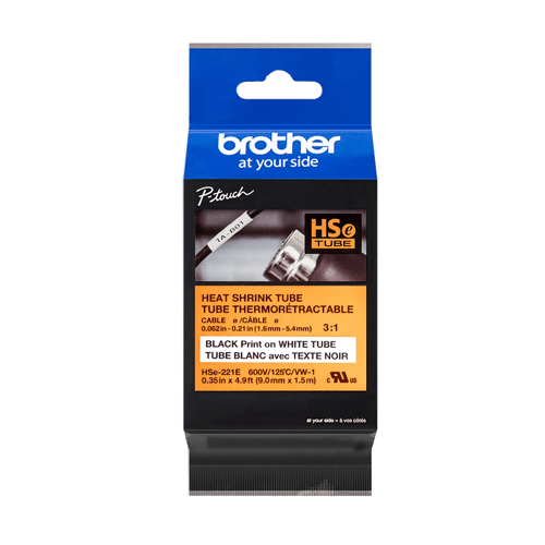 Brother HSE221E Black on White Heat Shrink Tube Label 9.0 mm x 1.5 m