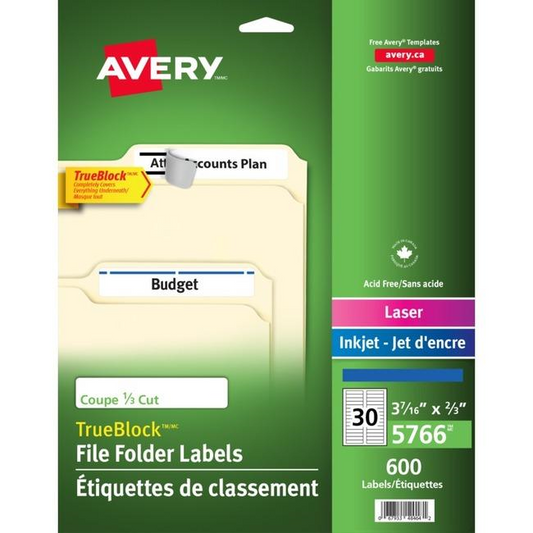 5766 FILING LABELS, TRUEBLOCK, 37/16" X 2/3", PERMANENT, BL