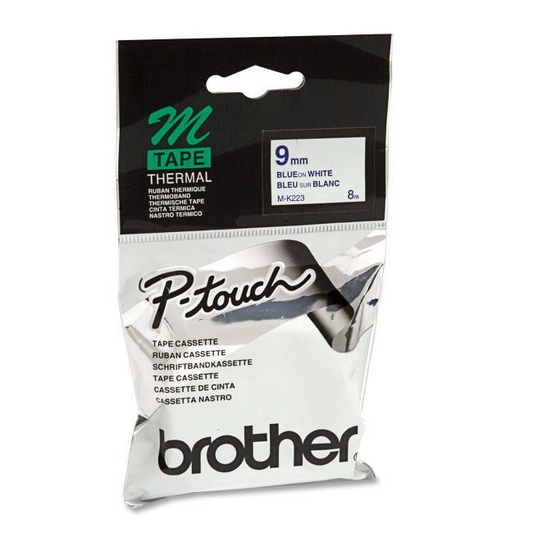 Brother Genuine MK223 Blue on White Non-Laminated Tape for P-touch Label Makers, 9 mm wide x 8 m long