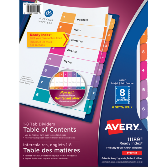 11189 READY INDEX TABLE OF CONTENTS DIVIDERS, 8 TAB, 6 SETS,