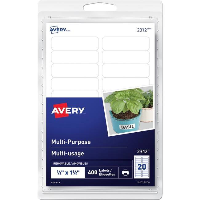 Avery? Multi-Purpose Removable Labels for laser or inkjet printers, ?" x 1?"  Removable Matte White Paper / White / Removable