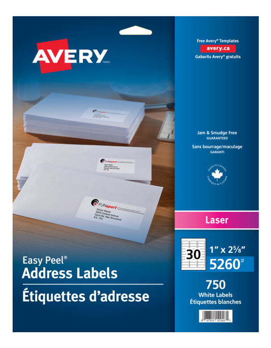 5260 WHITE, EASY PEEL, 2 5/8" X 1", PERMANENT,  25 SHEETS/EN