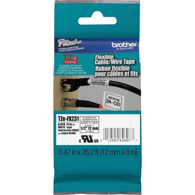 Brother Genuine Tze-FX231 Black on White Flexible ID Laminated Tape for P-touch Label Makers, 12 mm wide x 8 m long