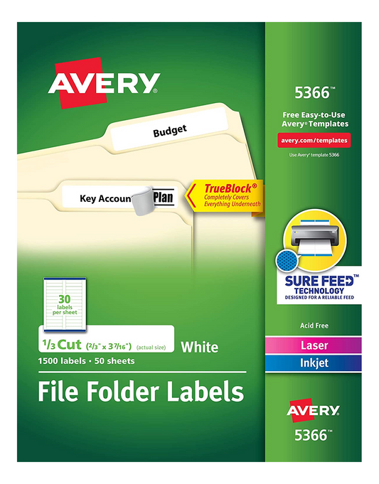5366 FILING LABELS, TRUEBLOCK, 37/16" X 2/3", PERMANENT, WH