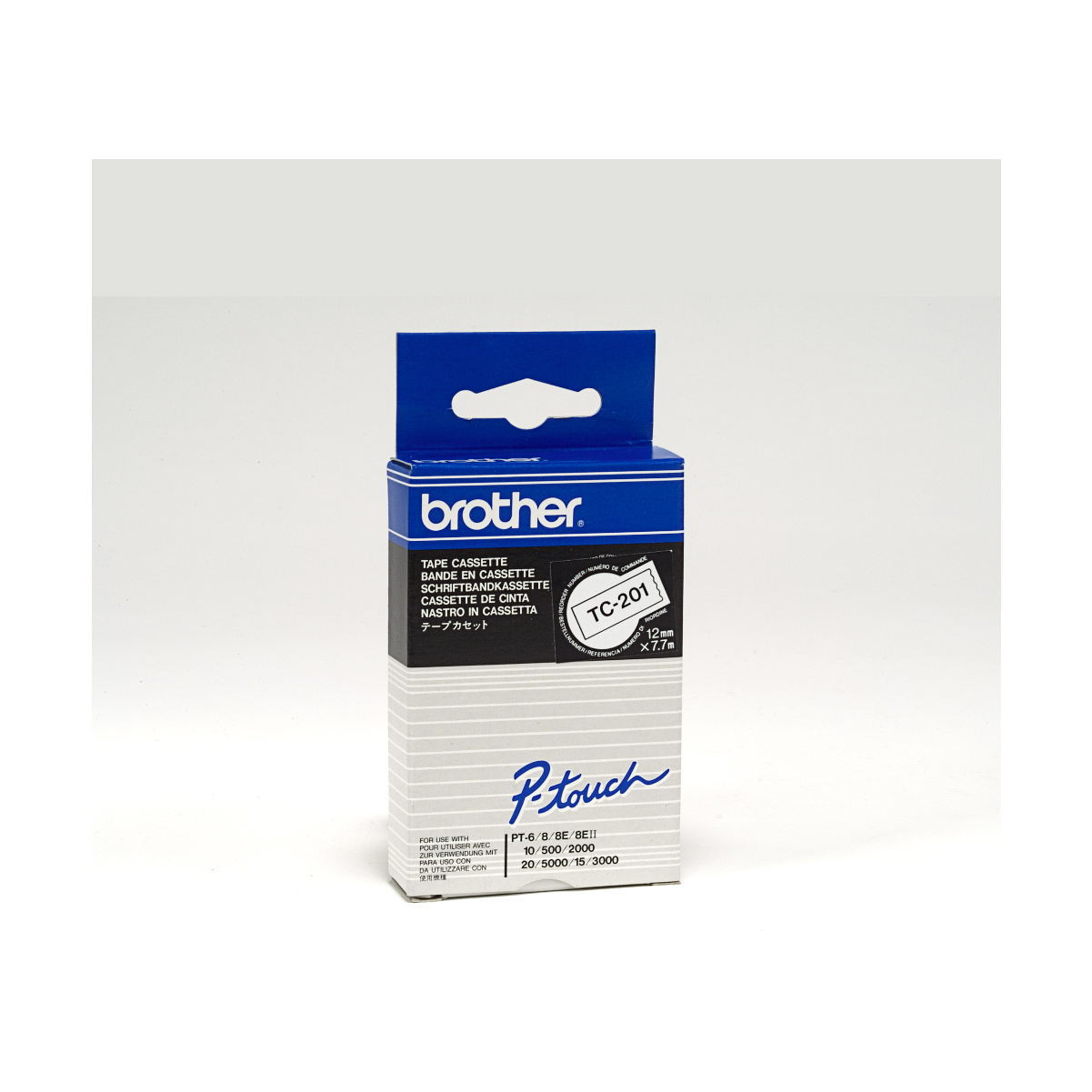 Brother TC201 Black on White 12 mm Tape for P-touch, 7.7 m