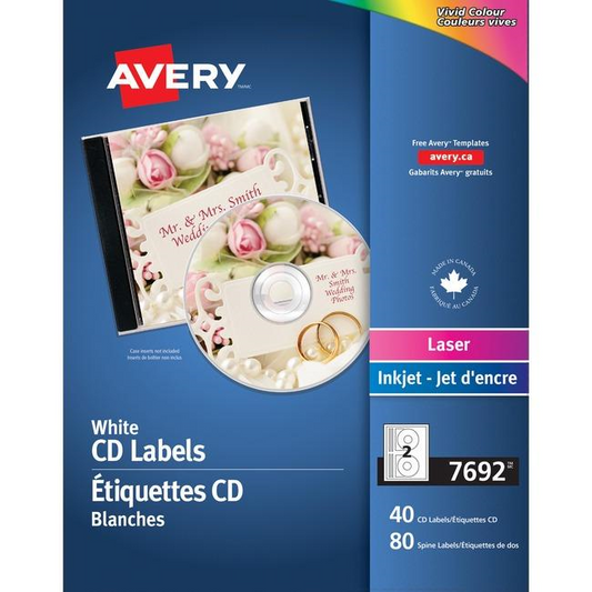 7692 CD LABELS, PERMANENT, WHITE, 20 SHEETS/ENV., 40 LABELS/