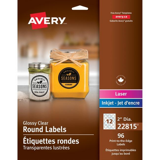 Avery Laser/Inkjet Glossy Clear Labels, 2" Diam., Permanent, 8 sheets/env, 96 labels/env