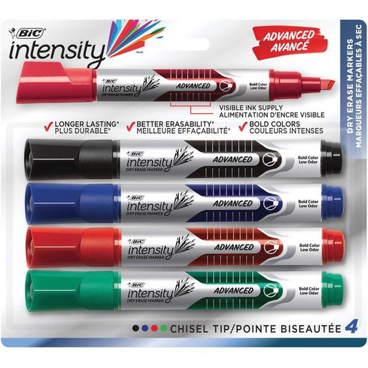 BIC Intensity Dry Erase / ? essuyage ? sec, Chisel Point / Pointe, Blister / Emballage - Assorted, 4 units