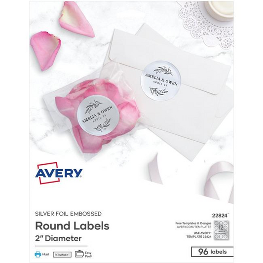 22824 SILVER FOIL EMBOSSED ROUND LABELS, 2" DIAMETER, 8 SHTS
