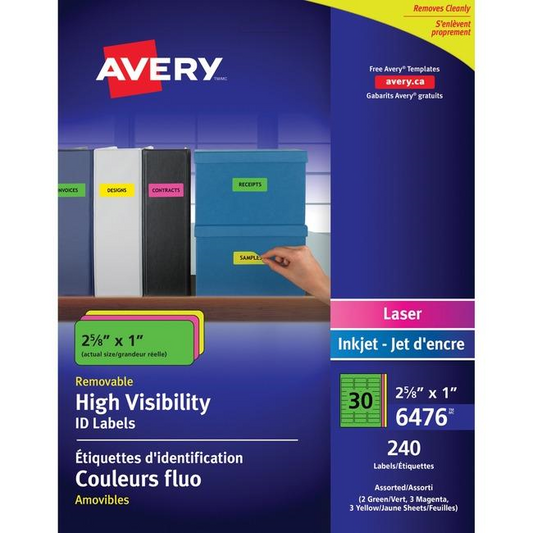 6476 I.D. LABELS, 2 5/8" X 1", RECTANGULAR, REMOVABLE,  8 SH