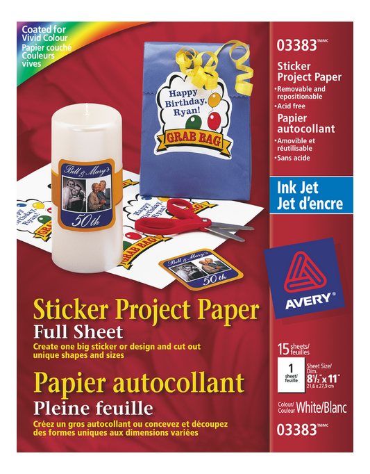 3383 STICKER PROJECT PAPER, REMOVABLE, 8 1/2" X 11", 15 SHEE
