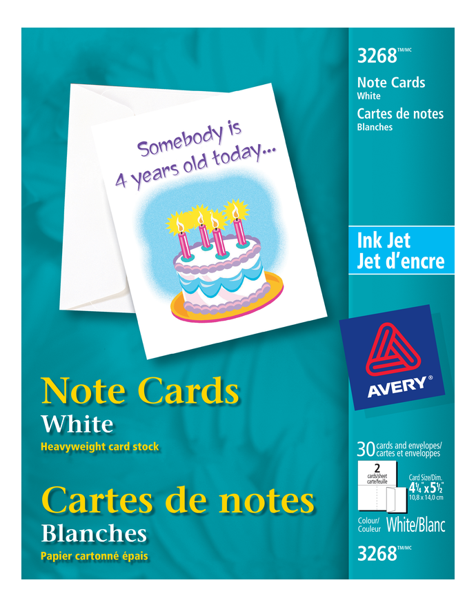 3268 NOTE CARD, 4 1/4" X 5 1/2", WHITE, 15 SHEETS/BOX, 30 CA
